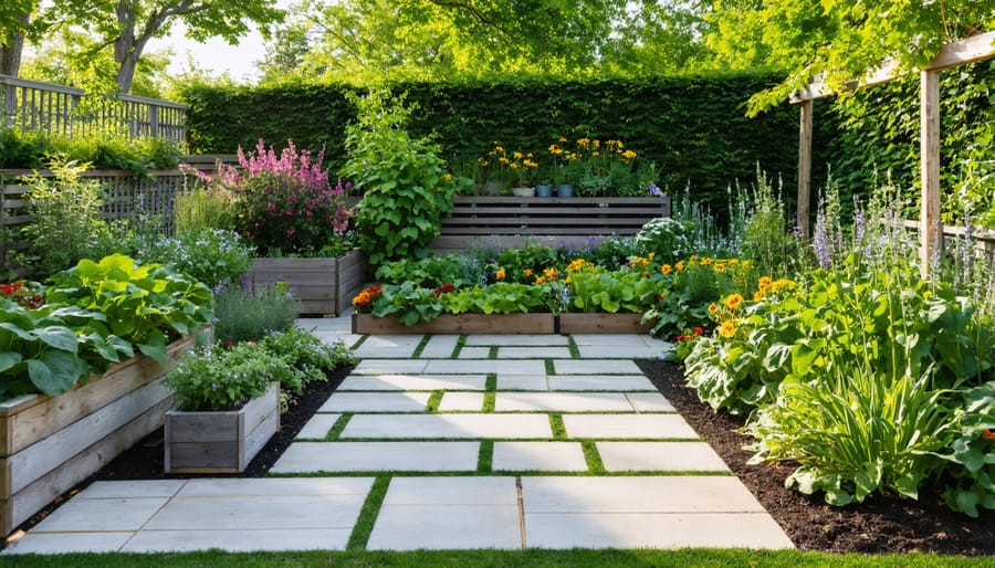 Fully established urban backyard garden with raised beds, vertical growing systems, and sustainable irrigation
