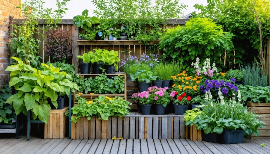 Urban gardener tending to raised bed vegetable garden on apartment balcony with city background