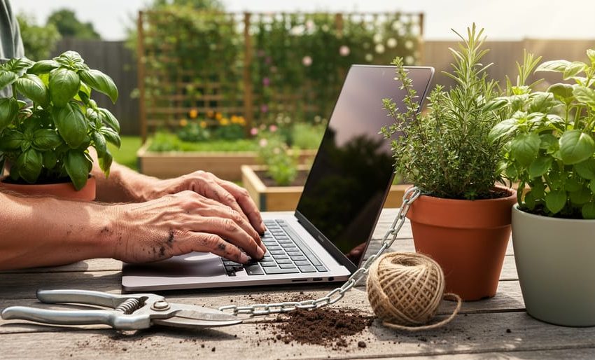 Gardener’s hands typing on a laptop next to potted herbs and tools, with a small metal chain linking two pots to symbolize connections, soft daylight and a blurred patio garden in the background.