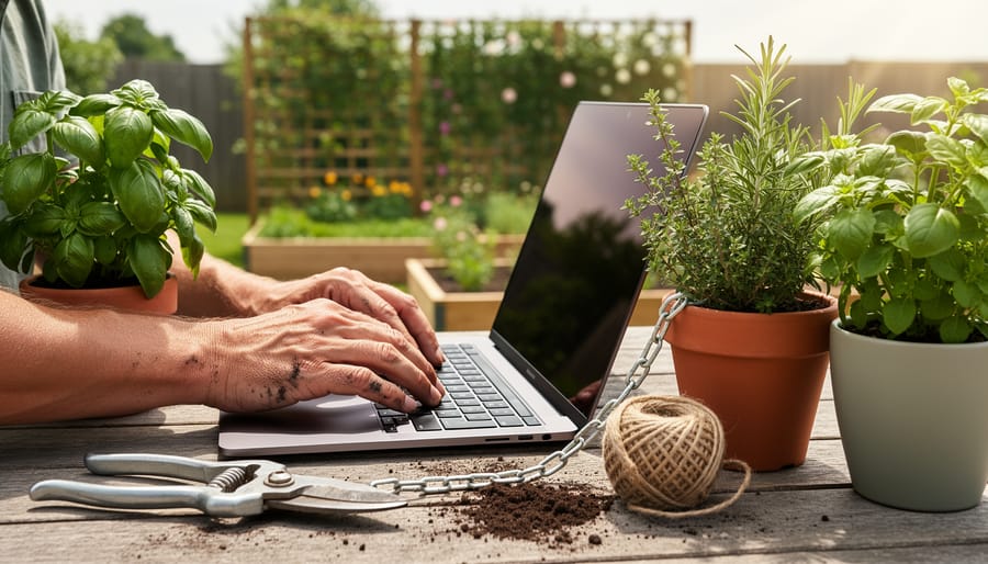 Gardener’s hands typing on a laptop next to potted herbs and tools, with a small metal chain linking two pots to symbolize connections, soft daylight and a blurred patio garden in the background.