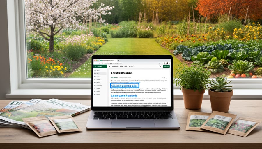 Gardening blogger working on laptop surrounded by potted plants on desk