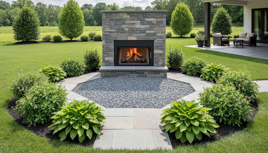 Fire-resistant plants such as lavender and succulents arranged around a small outdoor fireplace with a gravel border