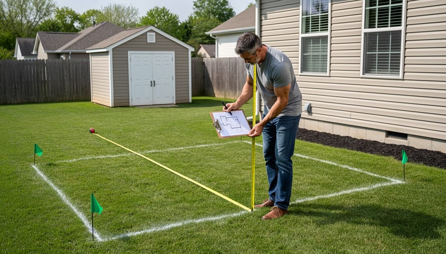 Person measuring a small yard with a tape measure near the house for outdoor fireplace planning
