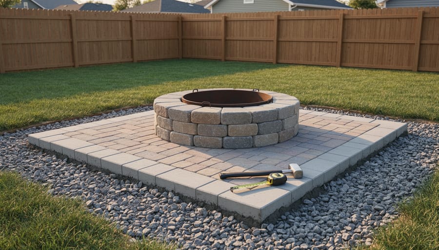 Close-up of hands using a tamper to compact a gravel base for an outdoor fireplace pad