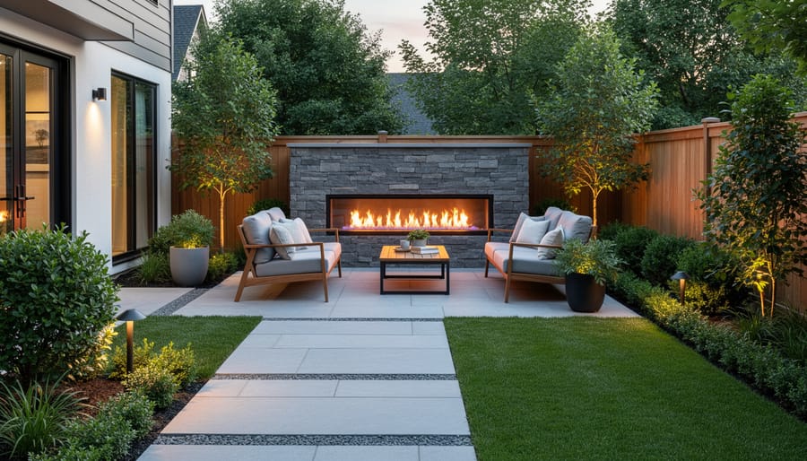 Small urban backyard with an outdoor stone fireplace and nearby seating area in warm golden hour light