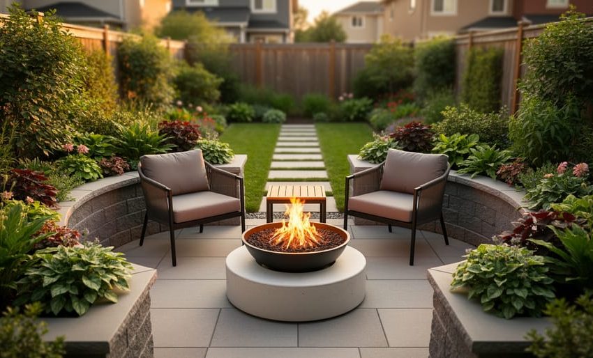 Modern outdoor fireplace with a propane fire bowl in a small urban backyard, surrounded by seating and planter beds with a clear walkway.