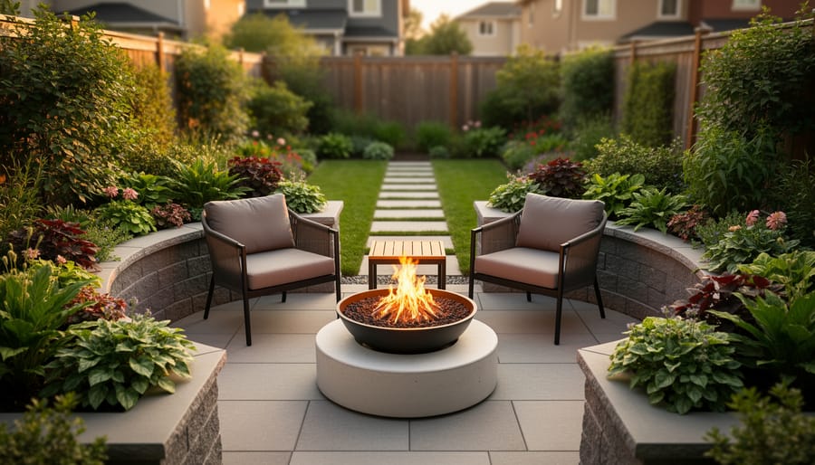 Modern outdoor fireplace with a propane fire bowl in a small urban backyard, surrounded by seating and planter beds with a clear walkway.