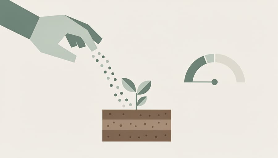 Gardener’s hands holding a measuring scoop over dark potting soil with healthy seedlings in the background