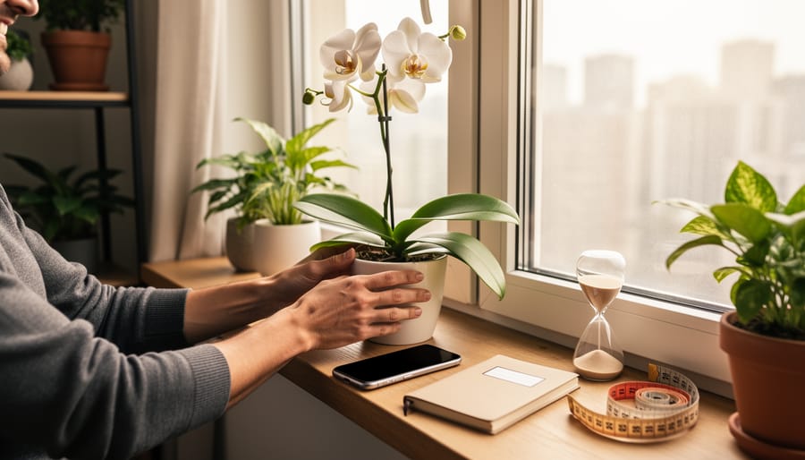 A plant enthusiast gently adjusts an orchid pot on a windowsill with a dark smartphone, notebook, and small timekeeping items nearby to suggest responsible, scheduled entertainment.