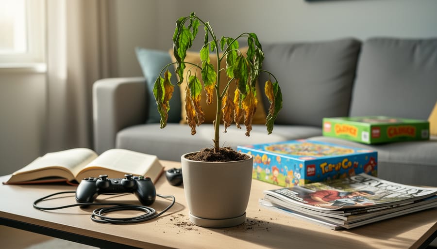 Wilting houseplant leaves in sharp focus with a smartphone and scattered playing cards blurred in the background