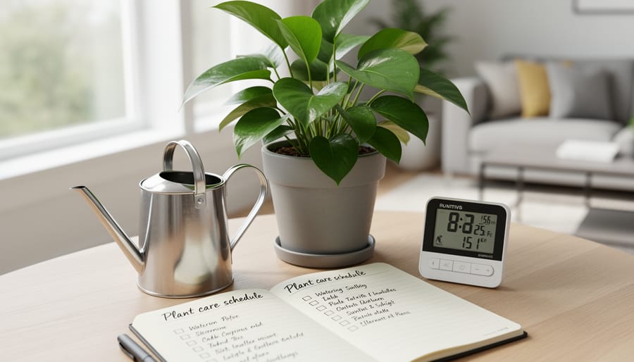 A watering can and small timer next to a potted plant on a windowsill with other plants blurred in the background