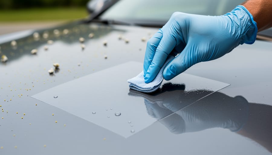 Detailer’s hands applying DIY coating to a section of a car hood with a foam applicator pad.