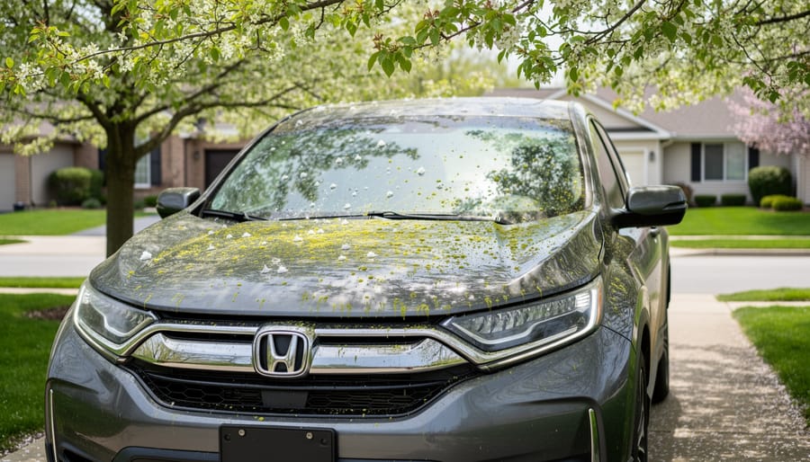 Car parked under spring trees with visible sap streaks, pollen haze, and bird droppings on the hood and windshield.