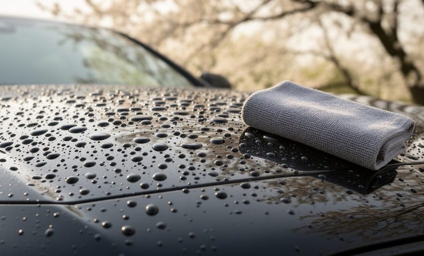 "Water beads roll off a dark car hood, highlighting the protective shine of a DIY ceramic coating with a coating applicator pad nearby."