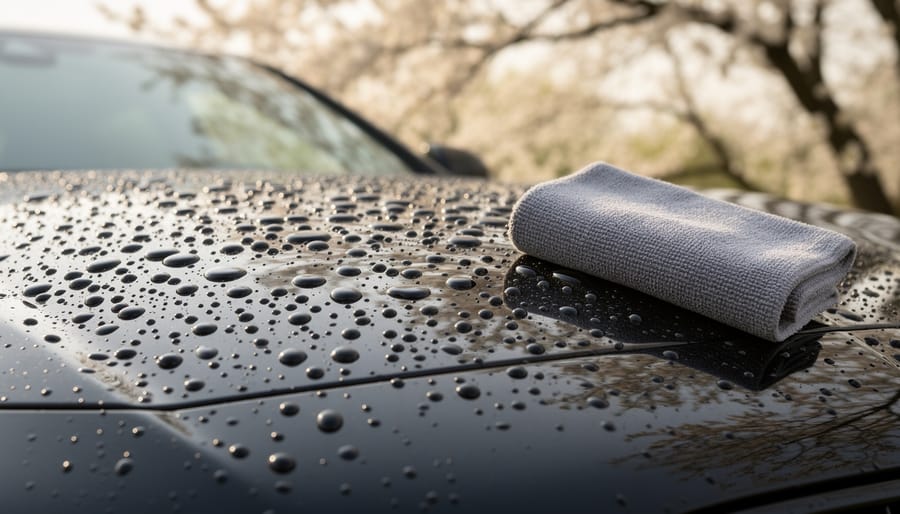 "Water beads roll off a dark car hood, highlighting the protective shine of a DIY ceramic coating with a coating applicator pad nearby."