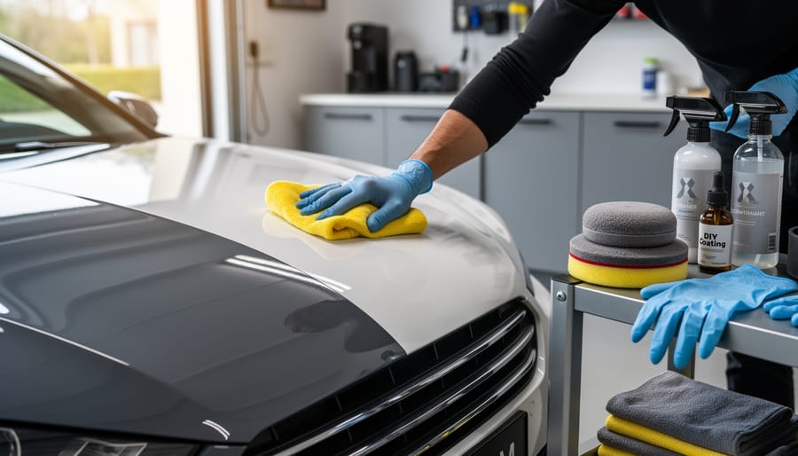 Car detailing supplies laid out on a garage workbench including microfiber towels, clay bar, and decontamination spray bottle.